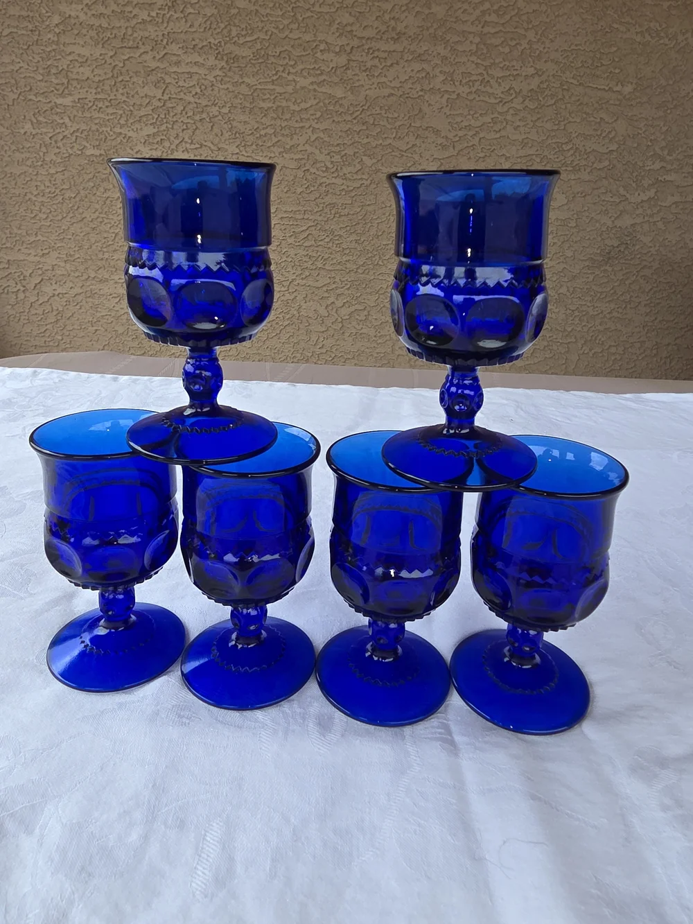 Vintage Indiana Glass Cobalt Blue Thumbprint/Kings Crown Goblets Set of 6
